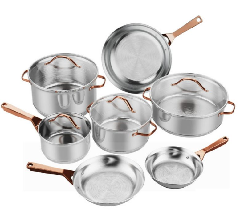 11 Pc Cookware Set Stainless Steel Pots & Pans With Gold Stay Cool Handles