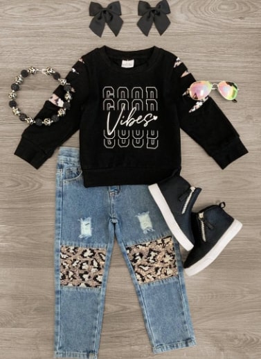 "Good Vibes" Sequin Denim Pant Set