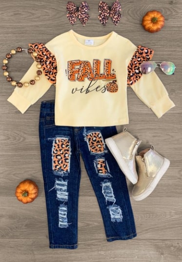 "Fall Vibes" Distressed Denim Pant Set